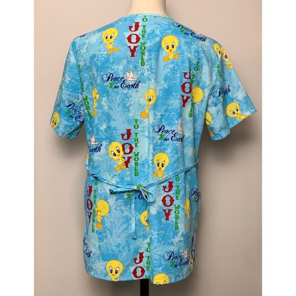 Looney Tunes Tweety Christmas Scrub Top Size S Blue Cartoon Print V-Neck Holiday - Picture 3 of 16